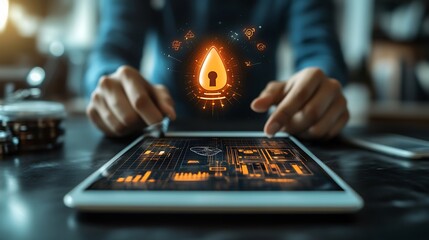Aufkleber - Person using a tablet with a digital security keyhole graphic.