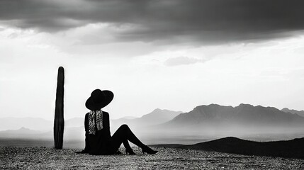 Sticker -   A stunning monochrome portrait of a woman wearing a cowboy hat atop a hill amidst majestic mountain scenery