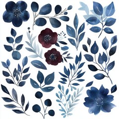 Wall Mural - A set of abstract watercolor illustrations of flowers, highlighting natural elements and red watercolor roses