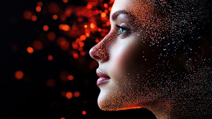 Poster - A woman is depicted in profile, her face illuminated by colorful sparkles and glowing particles against a dark backdrop, creating an enchanting visual effect