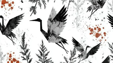 Wall Mural - a flock of birds soaring through a forest of crimson and ebony foliage, dotted with juicy berries ag