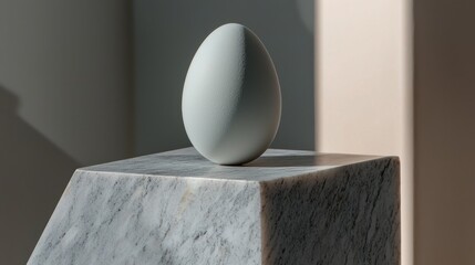 Poster - A gray egg is perfectly balanced atop a marble pedestal. Soft light accentuates its smooth surface, creating an elegant atmosphere in a minimalist interior space