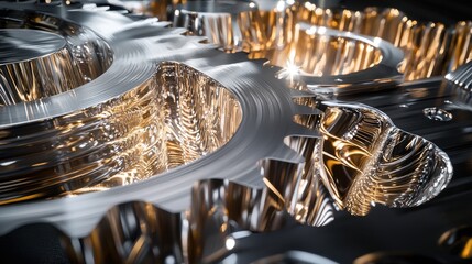 Poster - Shiny metal gears interlock in a mechanical assembly, showcasing intricate details and reflections under bright lighting in a workshop environment