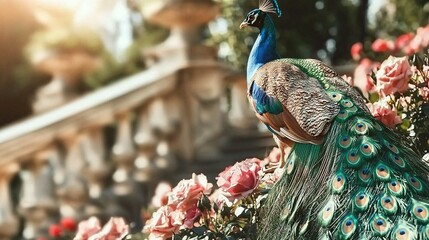 Wall Mural -   A peacock perched atop a verdant field adjacent to a vibrant pink bloom-laden park brimming with myriad blossoms