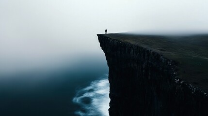 Wall Mural -   A solitary figure stands atop a cliff's edge amidst foggy skies, overlooking the vast ocean in the foreground