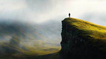 Wall Mural -   A man stands atop a green hill, overlooking a lush green mountain under a cloudy sky