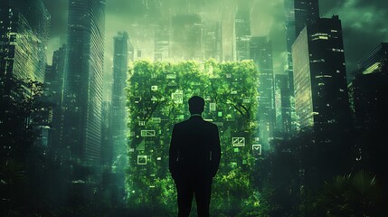 Poster - Businessman contemplating a futuristic green city amidst skyscrapers.