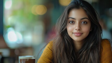 Sticker -   A person sitting at a table with a cup of coffee in front of her, surrounded by a blurry background