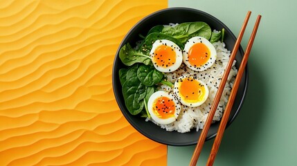 Wall Mural -   Bowl of rice with eggs, spinach, and chopsticks on a green surface with a yellow background