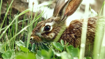 Poster -   A rabbit's face and ears are adorned with water droplets as it grazes in a lush grass field