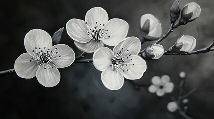 Wall Mural -   A monochromatic image portrays a tree's branch adorned with blooms in the focal point, while the background is out of focus