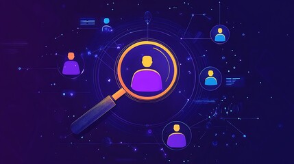 Aufkleber - Digital Magnifying Glass Targeting a Person Icon Surrounded by Network Connections.