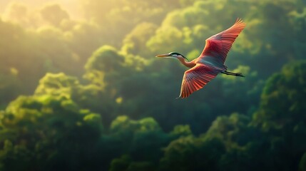 Wall Mural - large bird soaring above verdant forest filled with numerous green trees under bright sun's rays