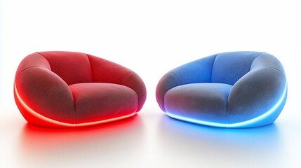 Poster - Futuristic armchairs, red and blue LED light, white studio, modern furniture design