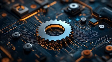 Poster - Close-up of a metallic gear on a circuit board, showcasing technological integration.