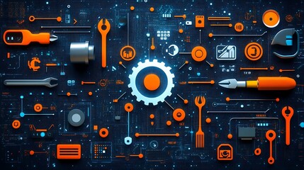 Poster - Futuristic technology repair concept with tools and circuit board.