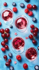 Poster - Ros? wine glasses, berries, blue background; summer refreshment