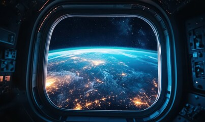 Wall Mural - spacecraft window framing the glowing earth with dazzling clarity, capturing the wonder and beauty o