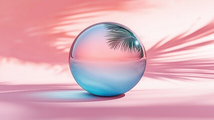 Poster - Glass sphere reflecting palm, sunset; pink background; product display