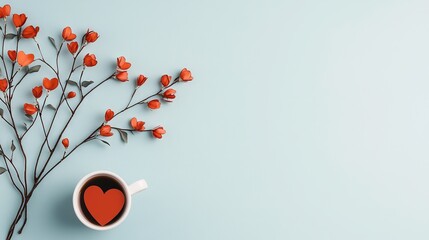 Wall Mural -   A cup of coffee on a blue background with red hearts surrounding it and a single red flower in the center