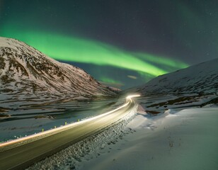 realistic image of northern lights at night with cars making lines on the road