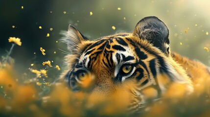 Wall Mural -   Close-up tiger on grassy field, yellow flowers in background