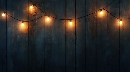 Wall Mural -  Strings of lights hang from a wooden wall and the side in front of it