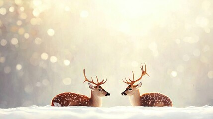 Wall Mural -   A pair of deer stand beside one another atop a snow-covered field, surrounded by trees