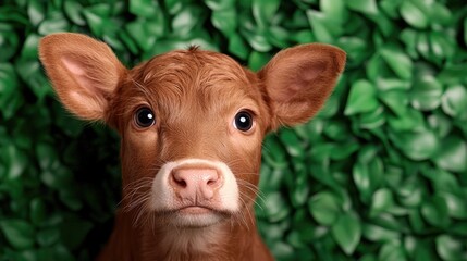 Wall Mural - Cute calf portrait, green leaves background, farm animal, livestock