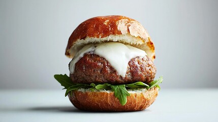 Poster -   A close-up of a juicy meatball sandwich on a soft bun with melted cheese and crisp lettuce on a pristine white plate