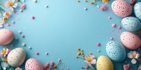 Colorful Easter eggs and flowers arranged on a light blue background perfect for spring celebrations