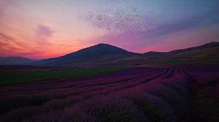 Wall Mural - a group of birds soaring above a lavender field at sunset with mountains behind