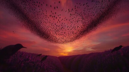 Wall Mural - a massive flock of birds soars over a lavender field at dusk