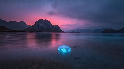 Wall Mural -   A bottle of plastic rests atop the sandy shore, framed by a vivid sky of purple and blue hues, while majestic mountains stand tall in the backdrop