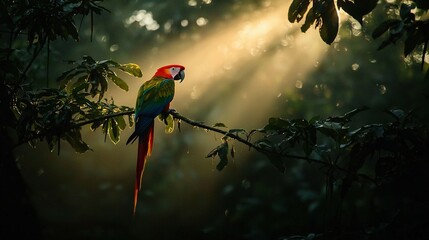 Wall Mural - a parrot sat on a forest tree branch under dappled sunlight a beam of light pierced through the cano