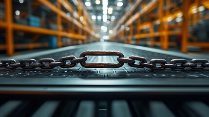 Poster - Metal chain on laptop keyboard in warehouse.