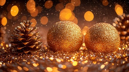 Poster - Golden Christmas ornaments and pine cone on sparkly background, festive holiday card
