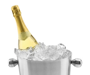 Bottle of champagne in ice bucket isolated on white