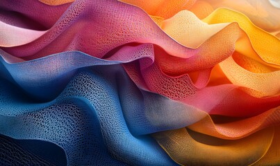 Poster - Abstract flowing waves of blue, pink, orange and yellow fabric with mesh texture