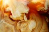 Refreshing coffee with ice and milk as background, closeup