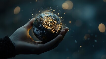 Wall Mural - a person holds a glowing orb in front of a soft focus background with twinkling lights