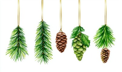 Wall Mural - Christmas toys, lovely Christmas trees, pine cones and acorns, a vibrant set of pendants, watercolor winter decorations, a horizontal border for greeting cards, invitations, or prints