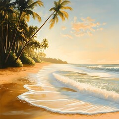 Wall Mural - Tropical beach lined with palm trees and golden waves under sunset sky