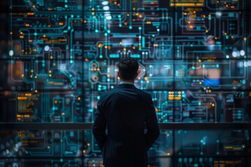 Poster - Photo idea: A vertical shot of a businessman standing in front of a detailed flowchart representing business process and workflow automation, emphasizing efficiency and productivity.