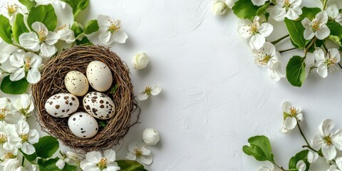 Wall Mural - Nest filled with speckled eggs surrounded by fresh white blossoms and green leaves in a serene spring setting