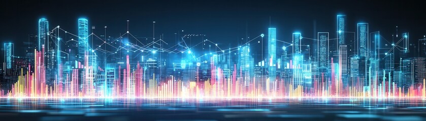 Wall Mural - Futuristic City Skyline with Vibrant Lights and Abstract Data Representation in Blue and Pink Tones for Digital Technology Concepts