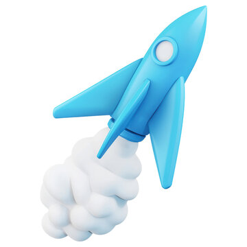 3d Rendered Light Blue Rocket Ship with White Smoke on Transparent Backdrop