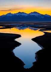 Poster - Calm Coastal Sunset Reflections of Mountains