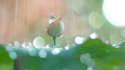 Poster - a close-up of a water droplet on a green leaf, with a blurred background