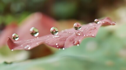 Wall Mural - a pink leaf with droplets of water is visible against a pink house backdrop